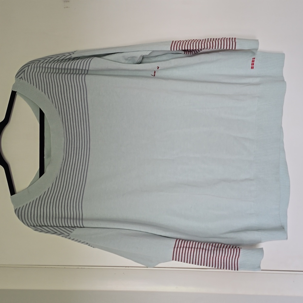 Peace Love World Light Blue-Green Striped Sleeve Sweater
